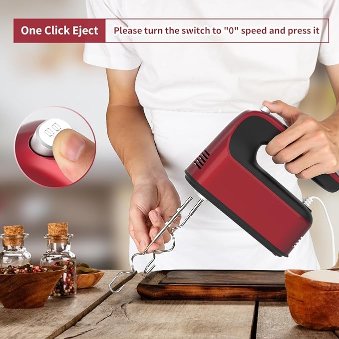 9-Speed Digital Hand Mixer Electric, 400W Powerful DC Motor, Baking Handheld with Snap-On Storage Case, 5 Stainless Steel Accessories, Flat Beaters, Dough Hooks, Whisk(Red)
