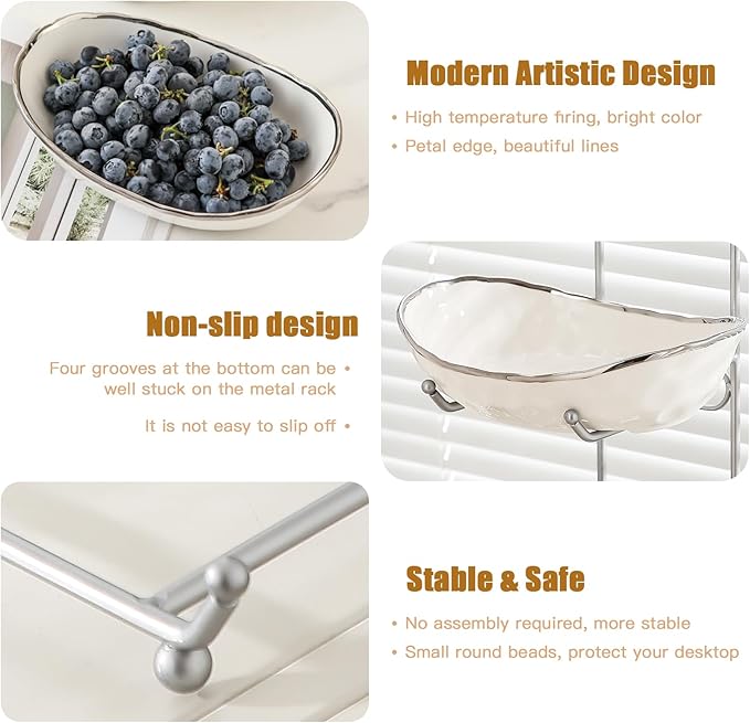 2 Tier Ceramic Fruit Bowl for Kitchen Counter, Tiered Fruit Basket for Countertop, Modern Multi Layer Fruit Display Stand for Party, Cute (Silver-rimmed, Small)