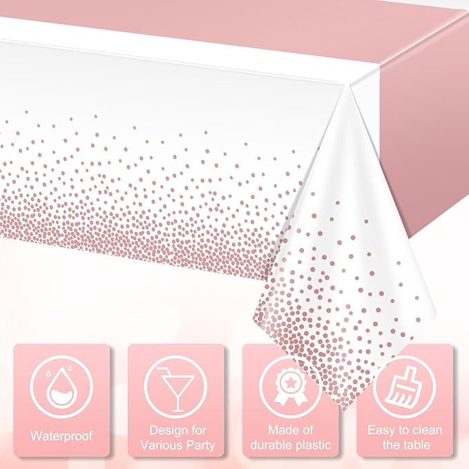 12Pcs White Rose Gold Tablecloth Party Decorations,Plastic White Table Cloth Printed Rose Gold Table Runner Disposable Rectangle Tables Cover for Birthday Anniversary Wedding Grad Party,54 x108 Inch