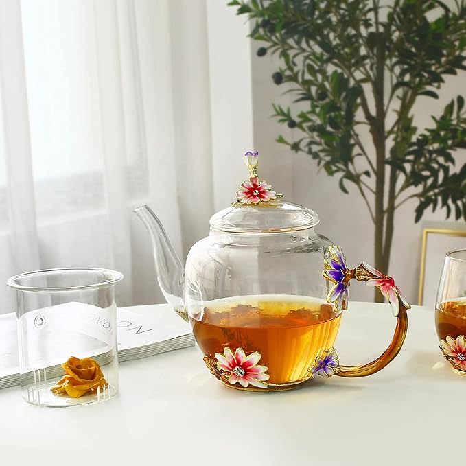 Luka Tech 35OZ Enamel Glass Flower Teapot With Removable Loose Tea Leaf Infuser Tea Maker,Gifts For Women,Mom,Mothers Day,Christmas,Birthday,Valentines Day