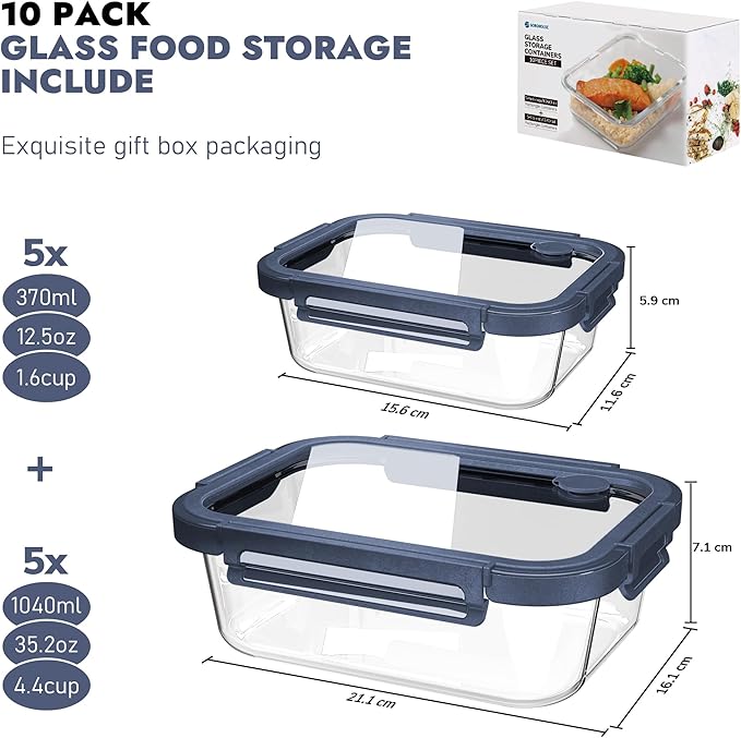 10-Pack Glass Food Storage Containers with Tempered Lids ??Borosilicate, Airtight, Oven-Safe (-4째F~950째F), BPA-Free, 4.4 & 1.6 Cup, Leak-Proof, Dishwasher Safe (Blue)