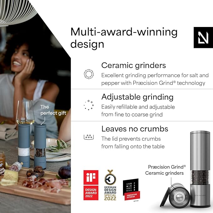 LARS NYS횠M Salt and Pepper Grinder Set Manual, Stainless Steel Salt and Pepper Mills with Adjustable Ceramic Grinder I Design Spice Shakers (Stainless Steel)