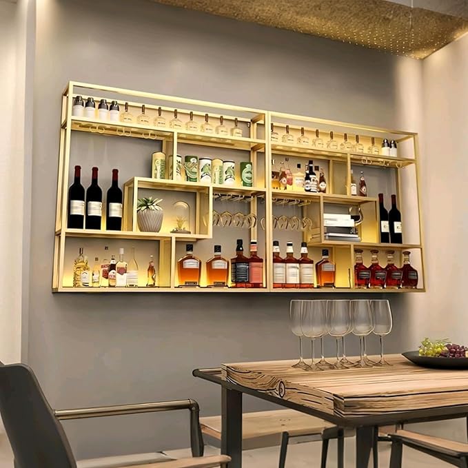 59.1in Large Wall Mounted Wine Rack, 4 Tier Wall Mount Bottle Rack with Glass Holder, Industrial Metal Floating Bar Liquor Bottles Display Storage Shelf for Dining Room, Kitchen (Black,Right ,59.1in)