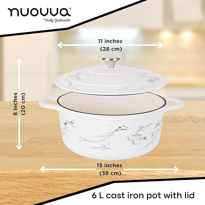 Cast Iron Dutch Oven with Lid ??Non-Stick Ovenproof Enamelled Casserole Pot ??Sturdy Dutch Oven Cookware ??Marble, 6.4-Quart, 28cm ??by Nuovva