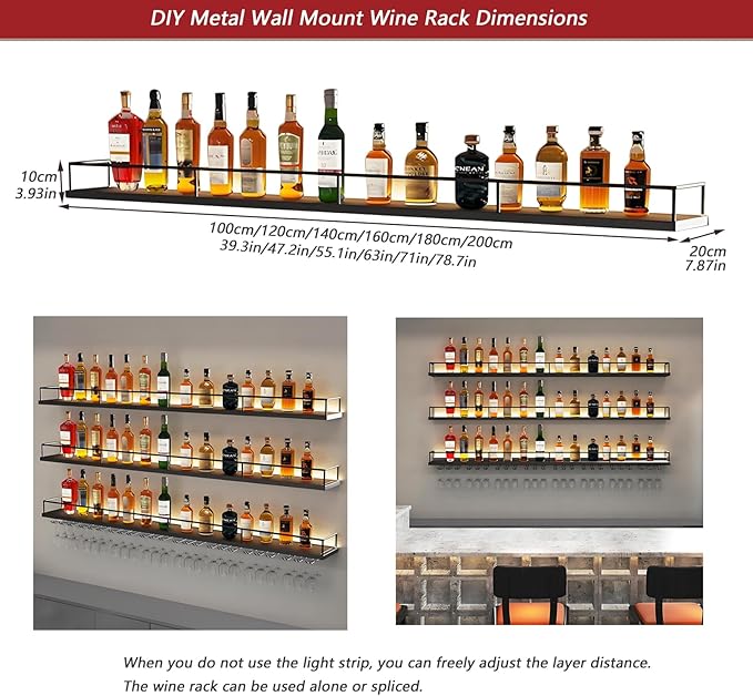 Metal Wall Mounted Wine Rack with LED Light, 3 Tiers Liquor Bottles Floating Shelves with Glass Holder, Wine Shelf Industrial Bar Shelves for Home Bar Dining (Black, 120cm/47.2in)