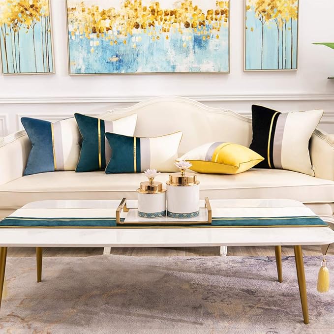 Avigers 12 x 90 Inch Decorative Luxury Green Teal White Gold Leather Striped Patchwork Velvet Table Runners with Tassels for Home Living Room Bedroom Art Decor Wedding
