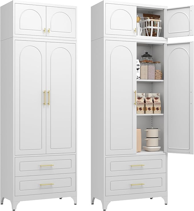 Kitchen Pantry Cabinet with 2 Drawers, 90" Tall Metal Storage Cabinets with Doors and Shelves, Food Cupboards for Dining, Living Room, 16" D x 32" W x 90" H, White, Assembly Required