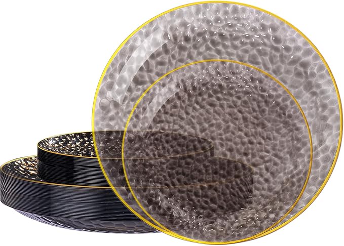 SUT 36Pcs Black Plastic Plates, Hammered Plates Disposable Heavy Duty, Black Disposable Plates With Gold Rim, Fancy Plastic plates Include 18 Dinner plate and 18 Dessert plate for Party