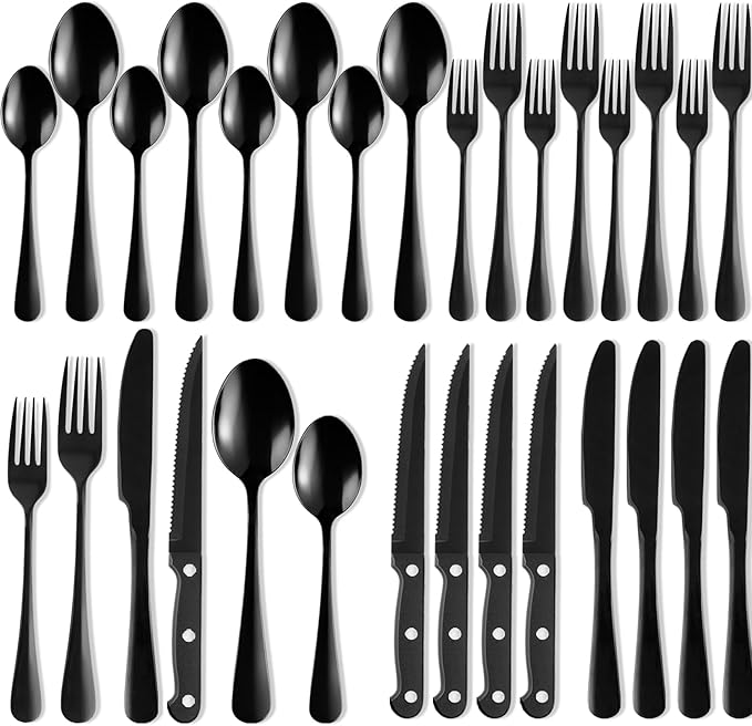 24 PCS Black Silverware Set,Food-Grade Stainless Steel Flatware with Steak Knives,Mirror Polished Utensil Sets for 4,Tableware Cutlery Set Include Forks and Spoons for Kitchen,Home,Restaurant