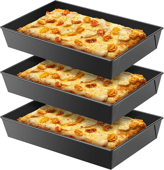 RimCereal 3 Pcs Detroit Style Pizza Pan 10 x 14 x 2.36 Inch Non Stick Rectangle Deep Pizza Pans Pre Seasoned Carbon Steel Sicilian Style Pan Dish Bakeware Kitchenware