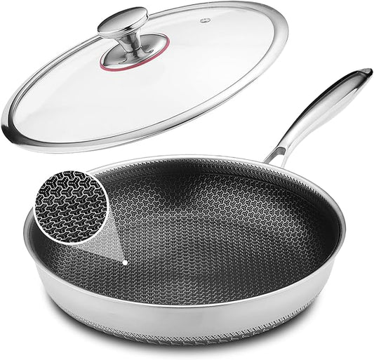 Lazycorner Non Stick Frying Pans Skillet with Lid, 12 Inch Stainless Steel Kitchen Cookware Pots, Non toxic Healthy Induction Compatible PFAS PTFE PFOA PFOS Free