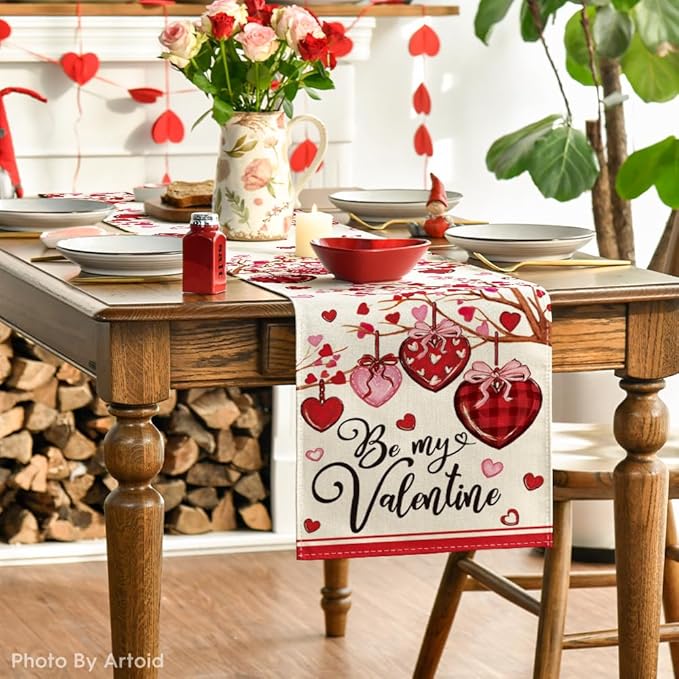 Artoid Mode Stripe Heart Table Runner, Be My Valentine Anniversary Kitchen Dining Table Decoration for Home Party Decor 13x108 Inch