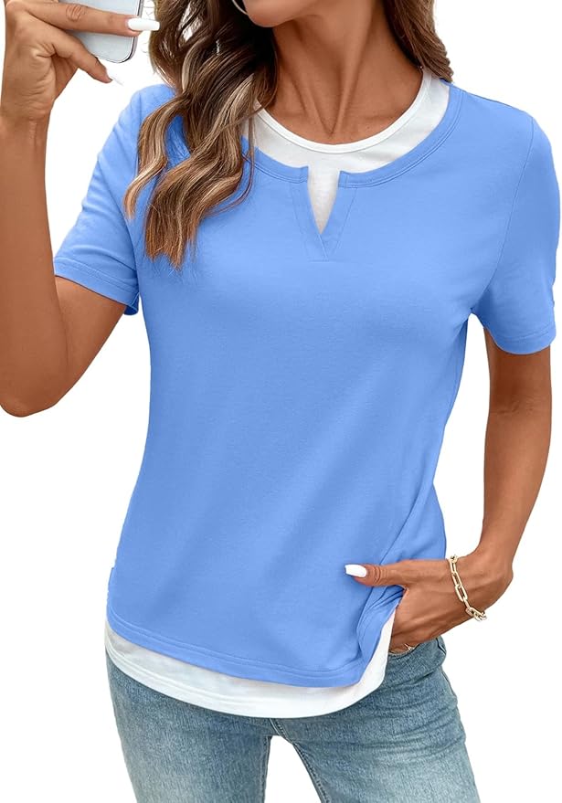 SHEWIN Womens Tops Casual Crewneck Color Block Short Sleeve Mock Double Layer T-Shirt Summer Outfits for Women 2026