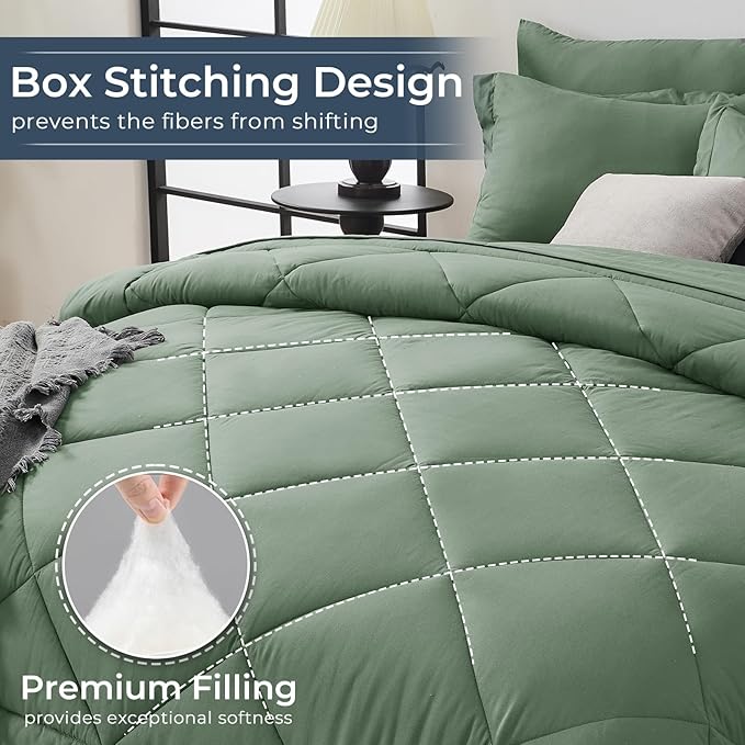 HEVUMYI Sage Green Twin Comforter Set - 5-Piece All Season Bed in a Bag Twin, Ultra Soft Bedding Set with Comforter, Flat Sheet, Fitted Sheet, Pillowcases, Pillow Shams, Sage Green