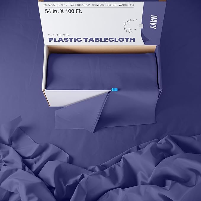 Party Solids 54 Inch X 100 Feet Navy Plastic Table Cover Roll in A Cut - to - Size Box with Convenient Slide Cutter. Cuts Up to 12 Rectangle 8 Feet Plastic Disposable Tablecloths