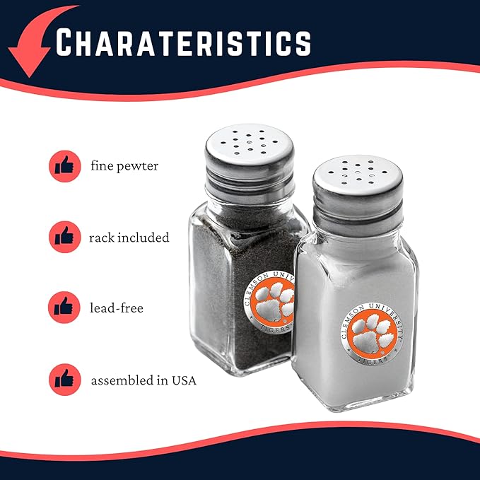 Heritage Pewter Clemson Salt and Pepper Shaker Set of 2 Bottles | Expertly Crafted Pewter Glass