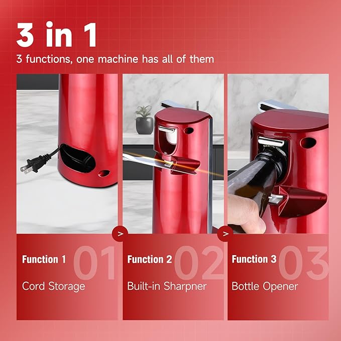 Davivy Electric Can Opener, One Touch Lid Opening, Removable Stainless Steel Cutter and 3-in-1 Design, with Sharpener and Bottle Opener (Stainless Steel-Red)