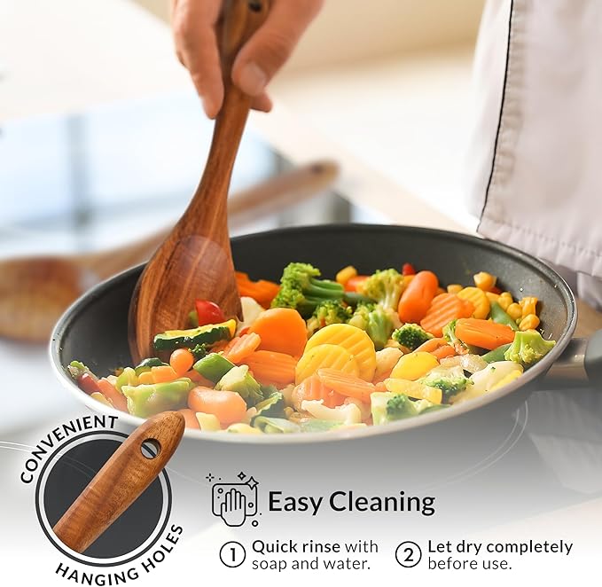 Zulay Kitchen 7-Piece Wooden Cooking Spoons Set ??Heat-Resistant, Smooth Teak Utensils with Comfort Grip ??Lightweight & Durable ??Easy to Clean, Perfect for Non-Stick Cookware