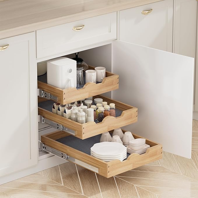 DINDON 3 Tier Pull Out Cabinet Organizer 14?쓂 X21?쒭 Slide Out Shelves With Shelf Liner for Kitchen Wood Roll Out Drawers Pantry Organization