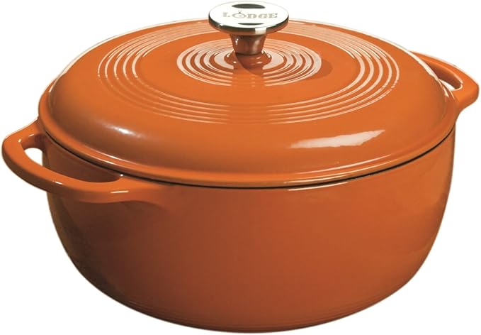 Lodge 6 Quart Enameled Cast Iron Dutch Oven with Lid ??Dual Handles ??Oven Safe up to 500째 F or on Stovetop - Use to Marinate, Cook, Bake, Refrigerate and Serve ??Pumpkin