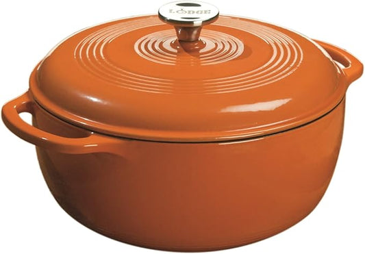 Lodge 6 Quart Enameled Cast Iron Dutch Oven with Lid ??Dual Handles ??Oven Safe up to 500째 F or on Stovetop - Use to Marinate, Cook, Bake, Refrigerate and Serve ??Pumpkin