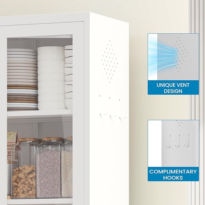 72" H White Steel Kitchen Pantry Cabinet with Glass & Metal, Steel Storage Cabinet with Adjustable Shelves, Heavy Duty Freestanding Utility Cabinet for Dining/Living Room, Assembly Required