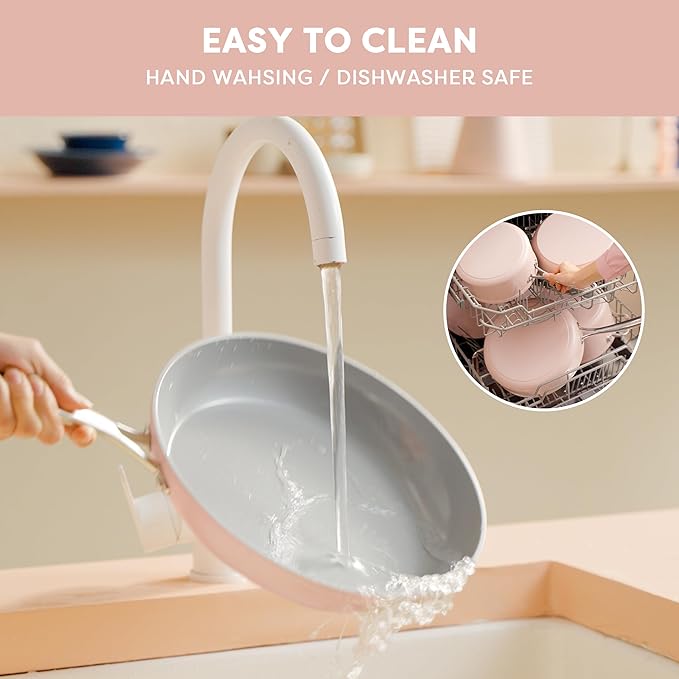 CIARRA Non Stick Frying Pan (10.2") & Ceramic Sauce Pan (3qt) - Non Toxic, PTFE & PFOA Free - Oven Safe & Compatible with All Stovetops, Pink