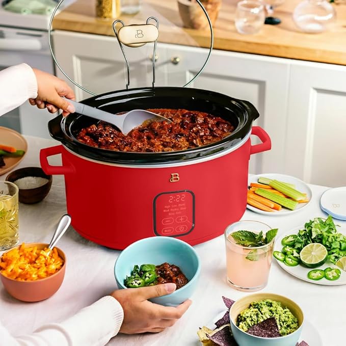 Beautiful 6 Quart Programmable Slow Cooker by Drew Barrymore ??Large Capacity, Ceramic Removable Pot, Tempered Glass Lid, Dishwasher Safe, Auto Keep Warm (Tomato Red)