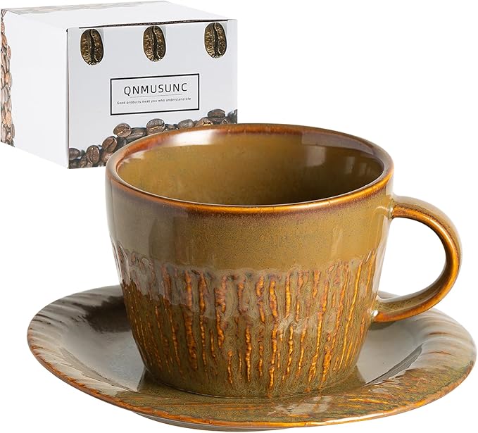 Ceramic Latte Cup with Saucer, 7 oz, Coffee Mug, Espresso Cups for Cappuccino, Milk Tea and Mocha, Dishwasher and Microwave Safe (brown)