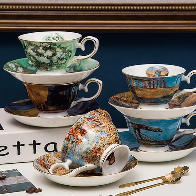 Van Gogh Bone China Set of 6 Cups and Saucers With Rack, Coffee Cup and Saucer Set With Gift Box, 7.4-Ounce Art Coffee Mugs Set - Perfect Birthday/Holiday/Wedding Gift (Blue set for 6)