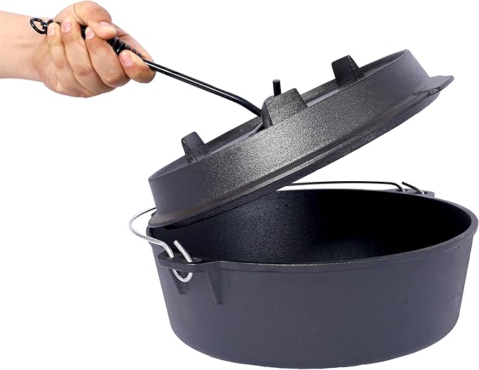 Cast Iron Camping Dutch Oven with Lid Lifter and Rack, 2-In-1 Pre-Seasoned Skillet Lid Cooking Pan with Pull Ring, Use on the Stove, on the Grill, Campfire & Stovetop Safe, 4.5 Quart/6 Quart/8 Quart/12 Quart (12 QT with Lid lifter & Rack)