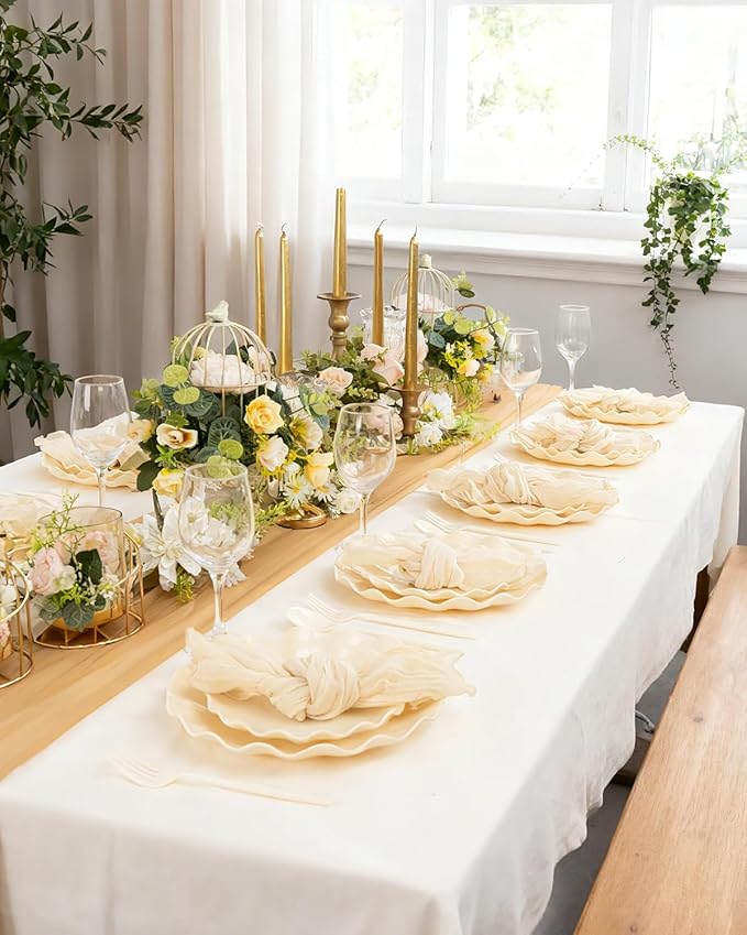 LIYH 20 Pcs 10 Inch Beige Plastic Plates Reusable - Unbreakable Plastic Scalloped Wavy Dinner Plates for Baby Shower Camping Party Outdoor Picnics Dishwasher Safe BPA Free