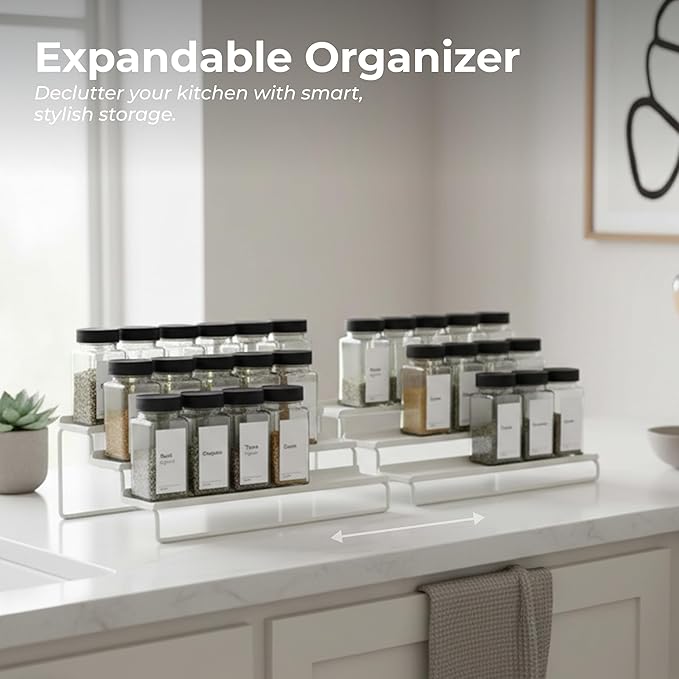 Tiered Spice Rack Organizer ??Warm Gray Metal Countertop & Cabinet Spice Stand, Strong & Sturdy 3-Tier Shelf for Kitchen, Pantry, Seasoning Bottles ??Minimal Scandinavian Design