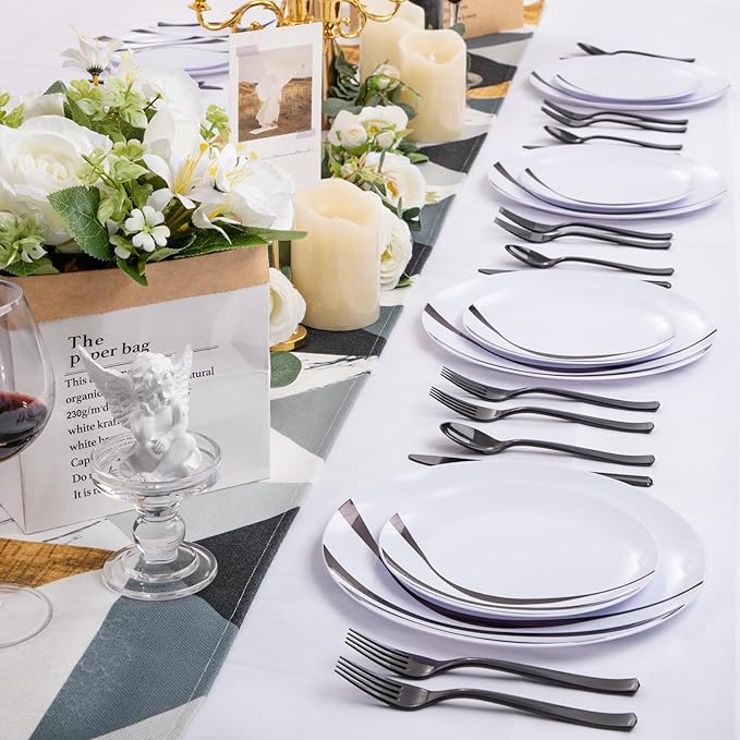 EI 60pcs Black and White Plastic Plates for Party,Black Rim Disposable Plates,Fancy Plastic Dinner Plate,Disposable Dessert Plate for Famiily Event,Wedding,Afternoon Tea,Business Events,Hotel