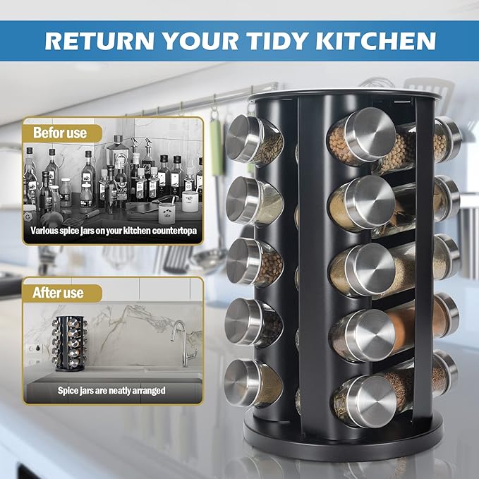 Black Countertop Revolving Spice Rack, Empty 20-Jars Rotating Spice Rack Organizer, Round Carousel Tower, 135 Spice Labels with Funnel Complete Set, for Kitchen Countertop, Cabinet