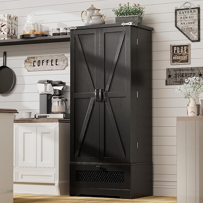 Kitchen Pantry Cabinet, Pantry Storage Cabinet with Adjustable Shelves and Drawer, Kitchen Buffet Cupboards Storage Shelf for Home Office Use (Black, 16" D x 24" W x 55" H)