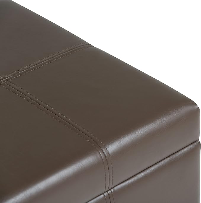 SIMPLIHOME Dover Storage Ottoman Bench - 36 inch Wide Upholstered Vegan Leather Rectangular Lift-Top Ottoman in Chocolate Brown, Contemporary Bench for Living Room with Safety Hinges