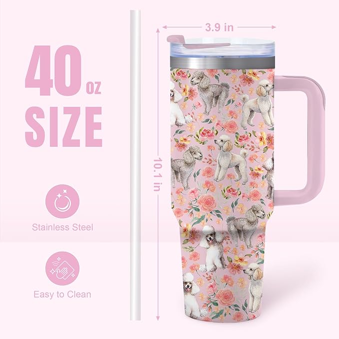 Yogusut Poodle Gifts for Women, 40oz Stainless Steel Insulated Tumbler Travel Mug Cup with Handle Straw, Gifts for Dog Mom Dog Lover
