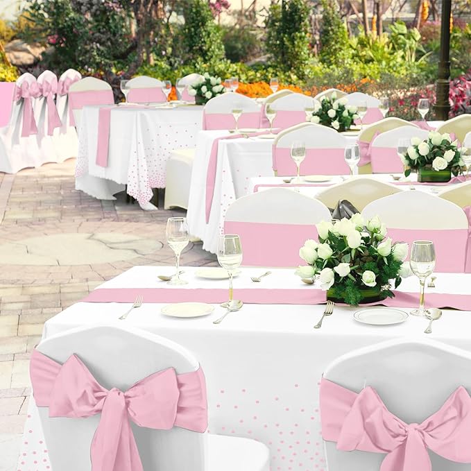 16Pack Disposable Plastic Tablecloths and Satin Table Runner Set White and Pink Dot Table Cloth Gold for Graduation Wedding Engagement Birthday Baby Shower Anniversary Holiday Party Decorations