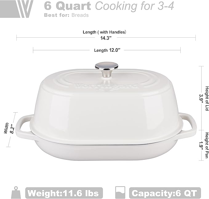 Enameled Cast Iron Dutch Oven Pot with Dome Lid, Oval Bread Oven for Homemade Sourdough Bread Baking, Oven Safe up to 500째F, 6 Quart, White