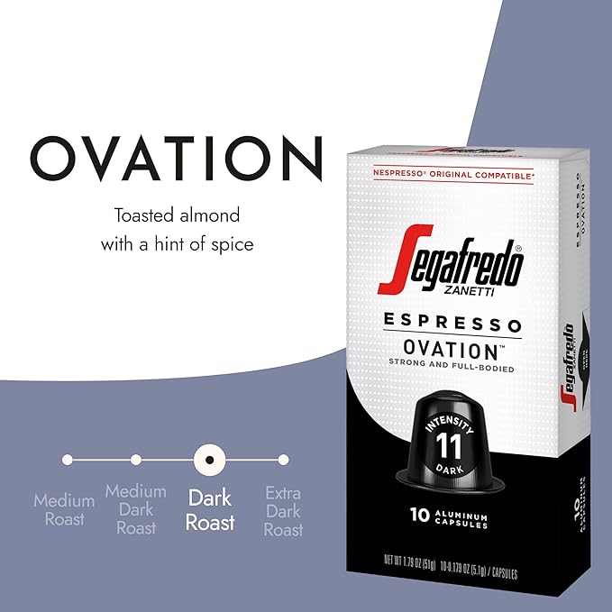Segafredo Zanetti Espresso Capsules ??Aluminum Pods for Nespresso Original Machines ??Dark Roast Premium Espresso with a Full-Bodied Aroma ??Strong, Intensity 11 ??Ovation, 10 Count (Pack of 2)