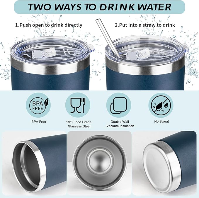 ATIKZHE 20oz Tumbler with Straw and Brush, Stainless Steel Vacuum Insulated tumbler, Double Wall Insulated Coffee Tumbler for Outdoor, Home, Travel,Office (Navy Blue,4pcs)