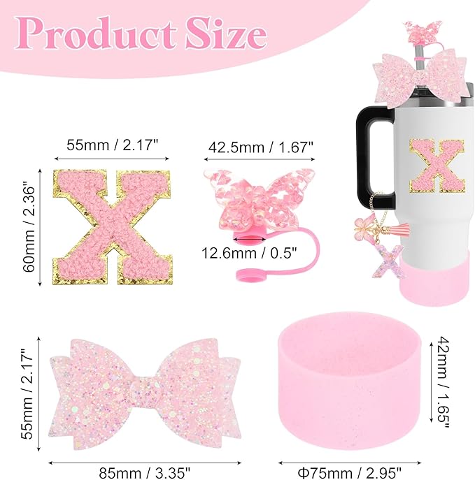 uxcell 8Pcs Cup Accessories Set for Cup Tumbler with Handle, Including Silicone Straw Cover, Boot, Spill Proof Stopper, Handle Charm, Initials Sticker(Letter X, Pink)