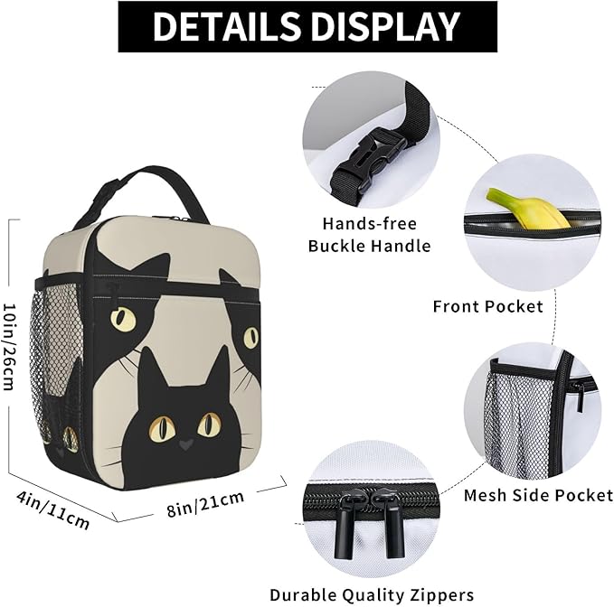 VANZEV Black Cat Lunch Box for Adults Women Girls Boys Kids Funny Cat Lunch Box Insulated Cooler Reusable Lunch Bag Container Gifts for Work Office Picnic Travel School