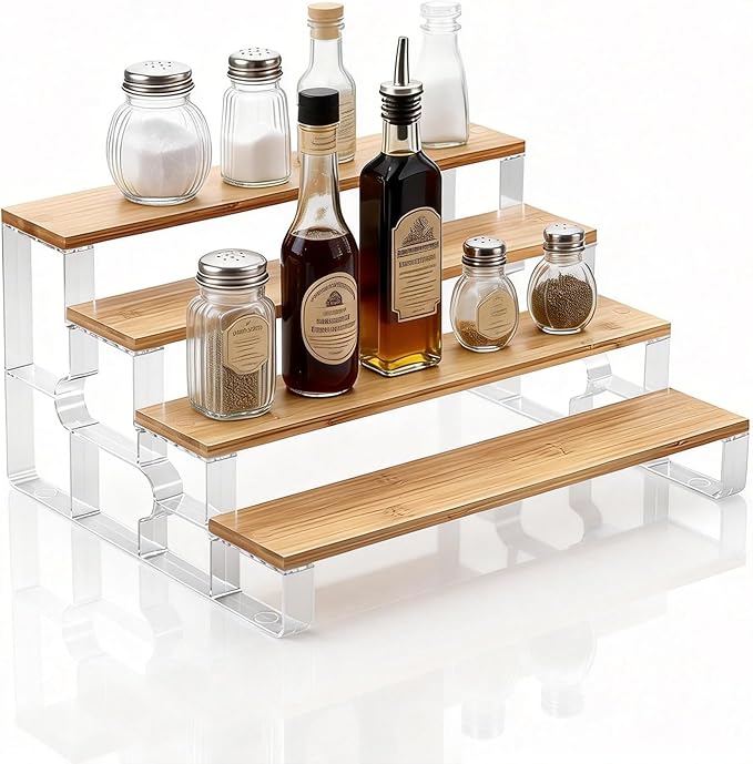 junyuan Bamboo Spice Rack Organizer for Cabinet,4 Tier Spice Organization for Kitchen,Bathroom Organizers and Storage,Seasoning Countertop Shelf,Display Shelves Racks,Clear 11.2"