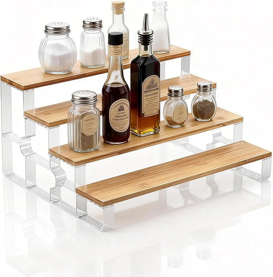 junyuan Bathroom Organizers and Storage,4 Tier Spice Rack Organizer for Countertop,Kitchen Countertop Organizers and Storage Shelf,Bamboo Tiered Display Stand,Clear Extended Width 14"