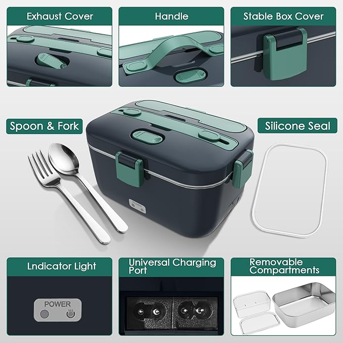 COZYEXPERT Electric-Lunch-Box-Heated-Food-Warmer 100W Heating Lunchbox for Adults 1.8L Portable Food Heater for Work/Car, 12V/24V/110-230V Lonchera El챕ctrica Port찼til with Fork Spoon (Gray+Green)