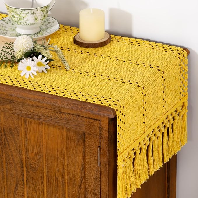 Socomi Boho Table Runner Macrame Valentine's Day Farmhouse Woven Cotton Linen Rustic Coffee Table Runner with Tassels for Dresser Scarf Home Decor Dining Room 12x90 in Yellow Gold