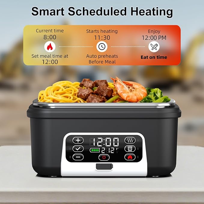 Cordless Electric Heated Lunch Box, XL 6.3Cups 20000mAh Rechargeable Food Warmer Lunch Box with Self Heating, Smart Timer, Adjustable Temperature, Leakproof, BPA Free, Removable Tray Divider