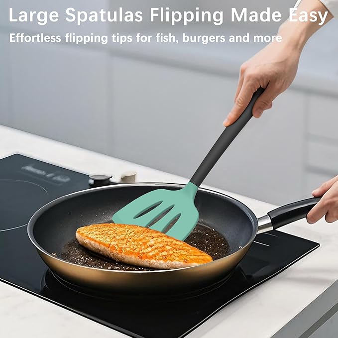 Coukre 3 Pack Silicone Spatula Set, High Heat Resistant, BPA-Free, Fish Spatula, Solid & Slotted Turner for Non-Stick Pans, Flipping Eggs, Pancakes, Fish, Burgers (3, AquaGreen)